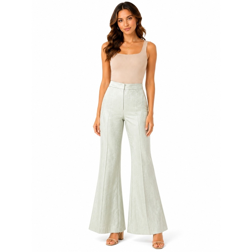 Zara Green Metallic Sheen Stretch Wide Leg Pants Small High Waisted Textured
